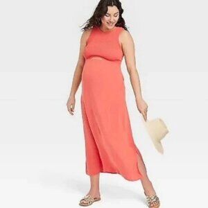 Ingrid & Isabel Maternity Midi Dress Coral Sleeveless Cutout Pockets Size M
